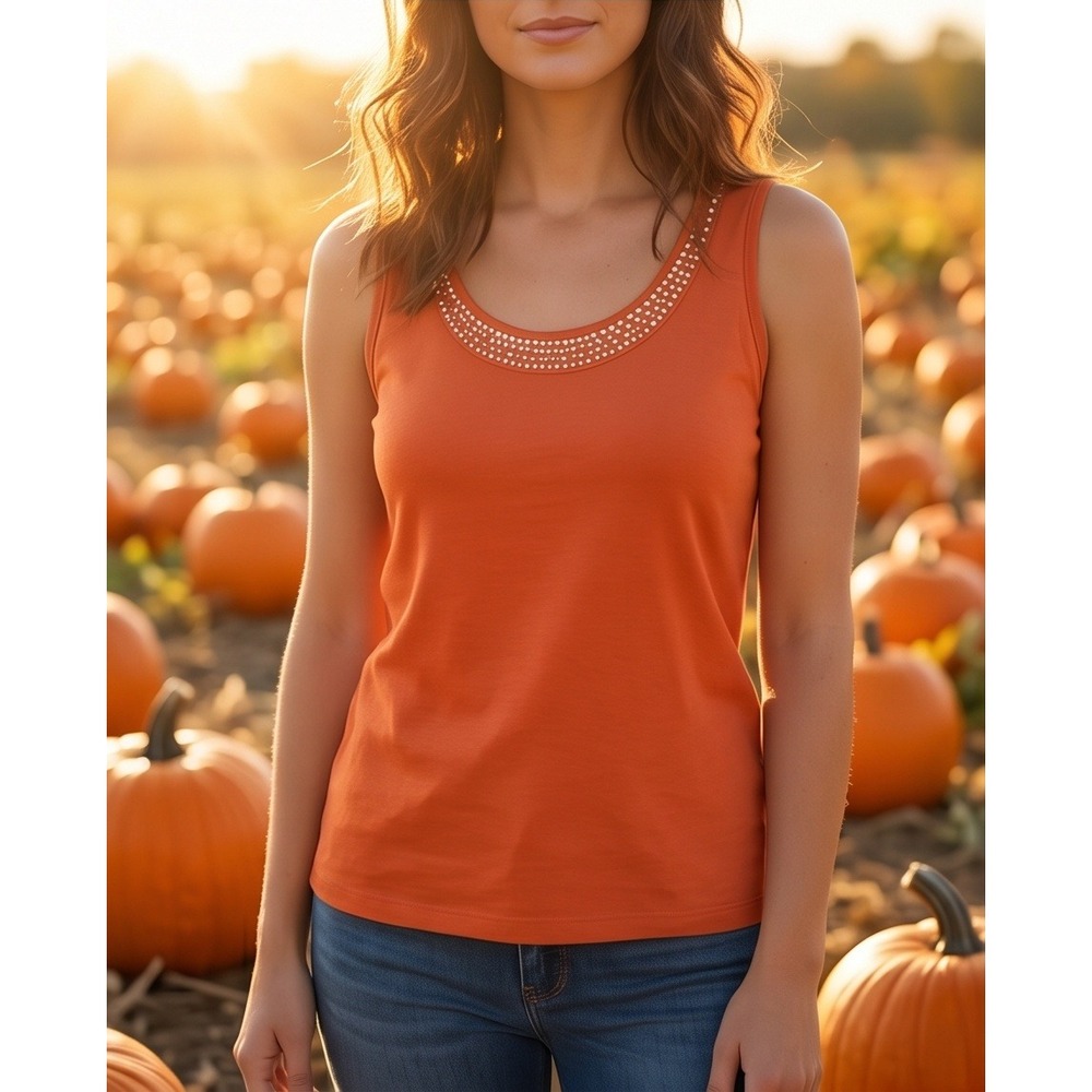 Venezia 14/16 Tank Top Sleeveless Rhinestone Casual Top Orange Size 1X